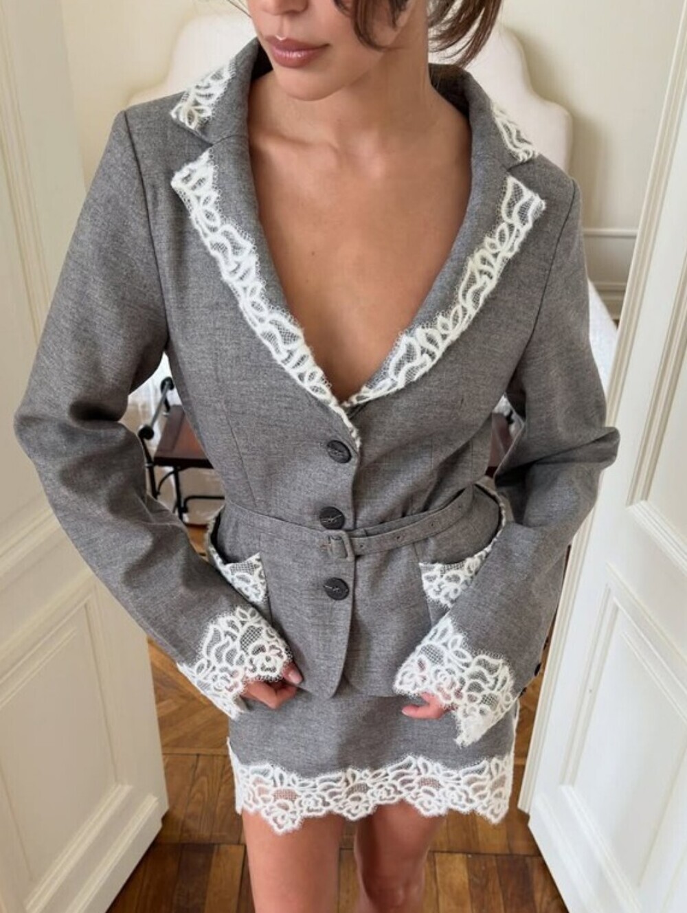 Gray Lace-Trim Tailored Jacket - Women